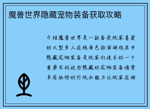 魔兽世界隐藏宠物装备获取攻略