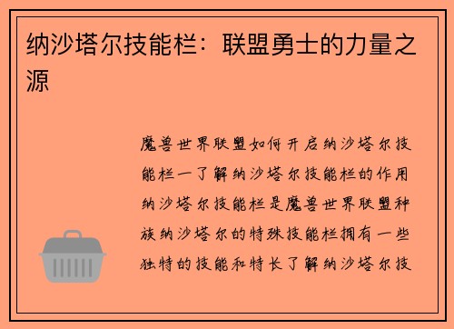 纳沙塔尔技能栏：联盟勇士的力量之源